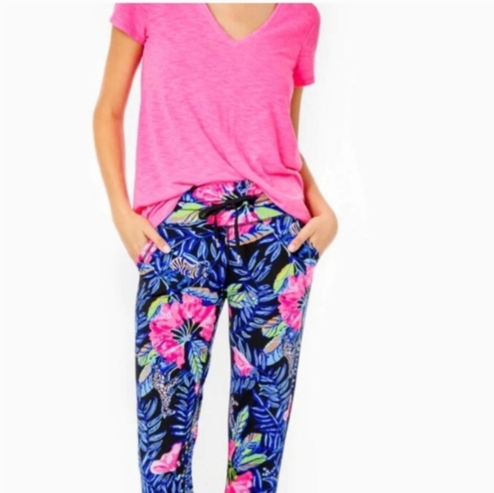 Lilly Pulitzer Black and Pink Track Pants with Tropical Floral Design